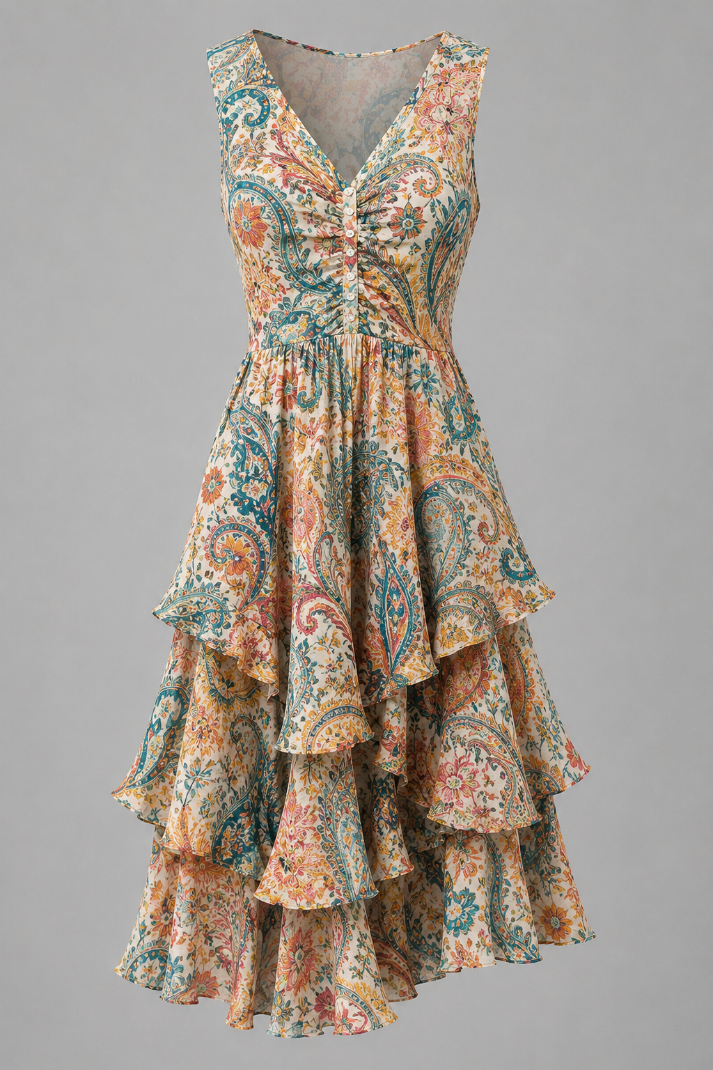 Floral Art Printed Vintage V-Neck Sleeveless Midi Dress